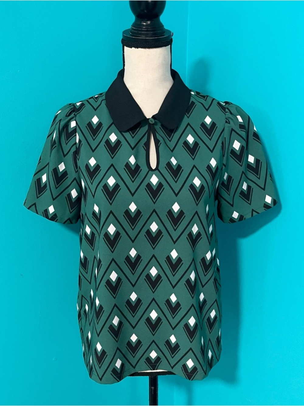ModCloth S Green Vintage Inspired Print Peter Pan Collar Short Sleeve Top